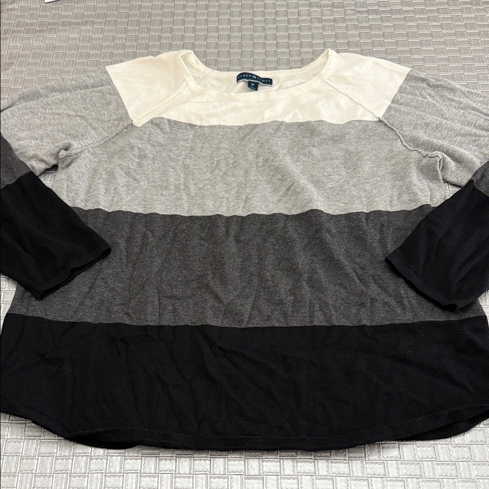 Karen Scott Women’s 1X Colorblock Stripe Cotton 3/4 Sleeve Top Gray Black White